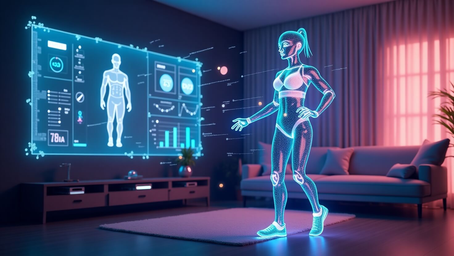 Futuristic holographic interface showcasing an AI fitness assistant guiding a user in a modern living room.